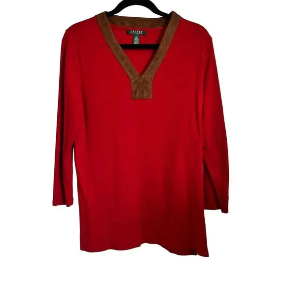 Lauren by Ralph Lauren Tops - Lauren Ralph Lauren Women's Red Tunic Top L Faux Suede Trim V-Neck